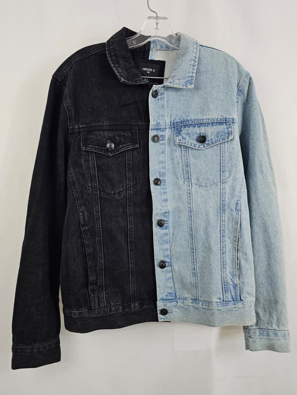 Forever 21 Men's Black Light Blue Split-Color Denim Jean Jacket, Sz S